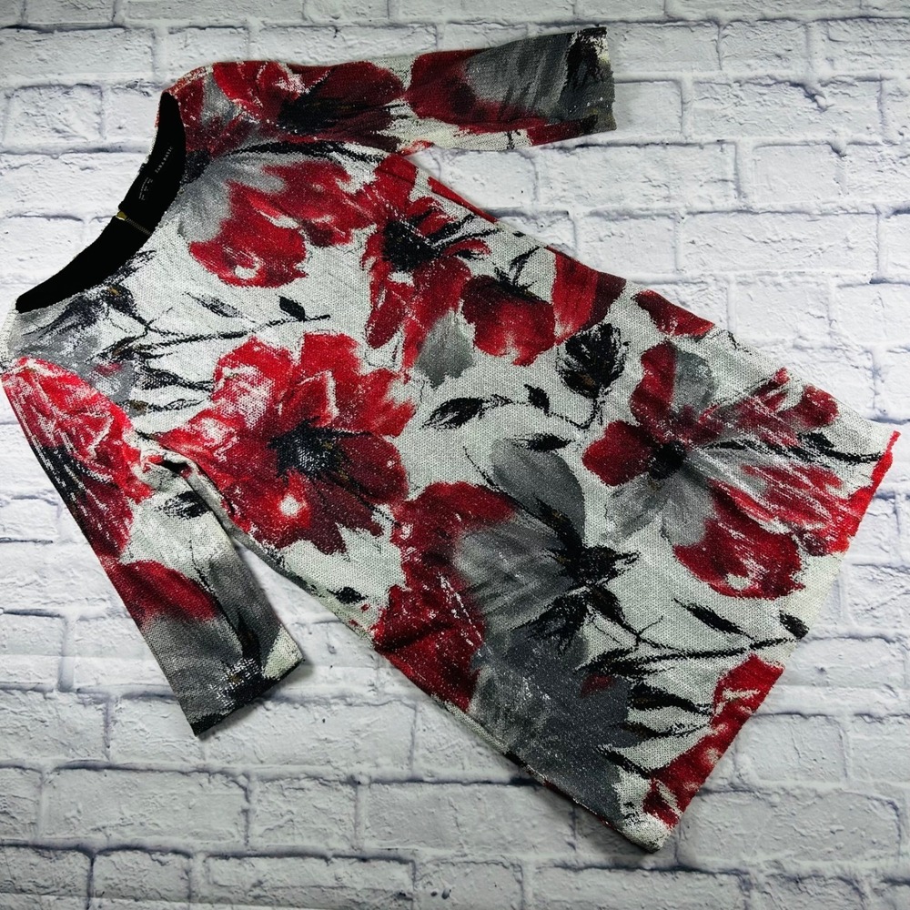 Zara Basic Womens Sequined Floral Shift Dress Red White Grey 3/4 Sleeve Small